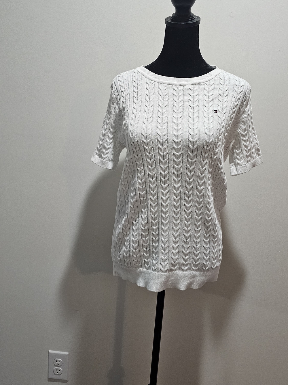 Tommy Hilfiger White Cable Knit Short Sleeve Sweater Top Preppy Old Money Size L